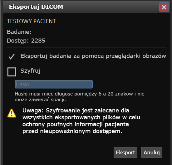 Portal pacjenta - karta eksportu obrazu DICOM