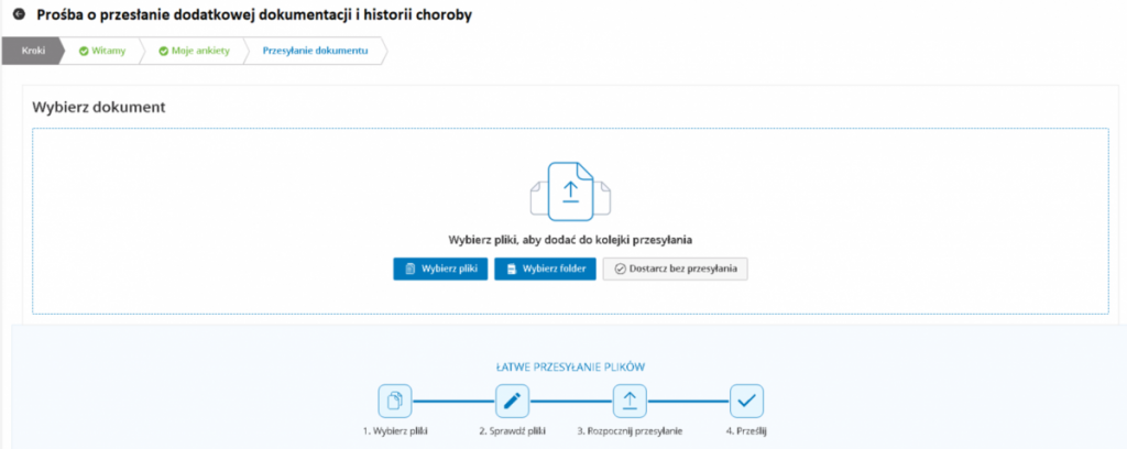 Portal pacjenta - prośba o przesłanie dodatkowej dokumentacji i historii choroby - krok 2 - wybieranie dokumentu