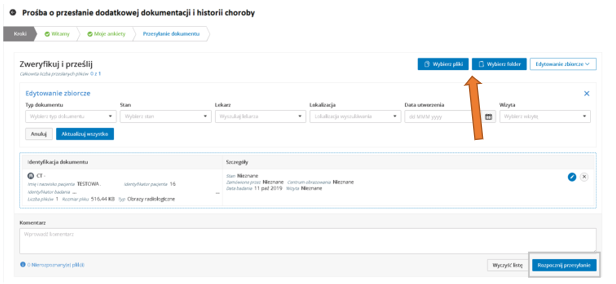 Portal pacjenta - prośba o przesłanie dodatkowej dokumentacji i historii choroby - krok 2 - wybierz plik lub folder