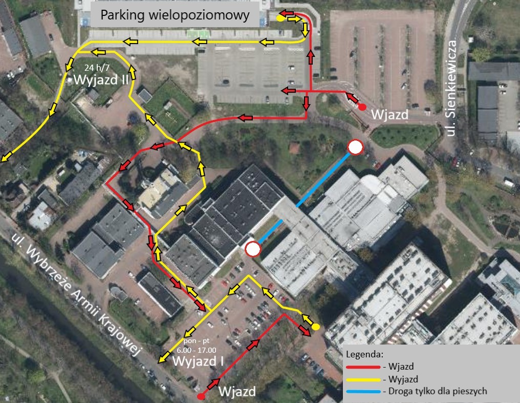 Mapa organizacja ruchu w NIO Gliwice, zamknięty przejazd miedzy budynkami Radioterapii i Kuchni